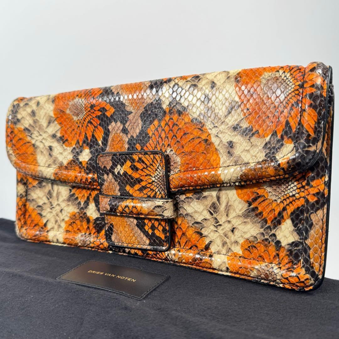 美品 ドリスヴァンノッテン パイソン クラッチバッグ フラワープリント レザー