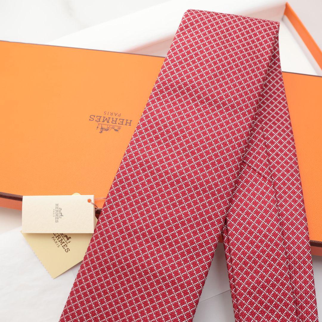 未使用 エルメス HERMES レッド チェック柄 ネクタイ