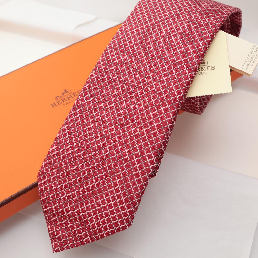 未使用 エルメス HERMES レッド チェック柄 ネクタイ