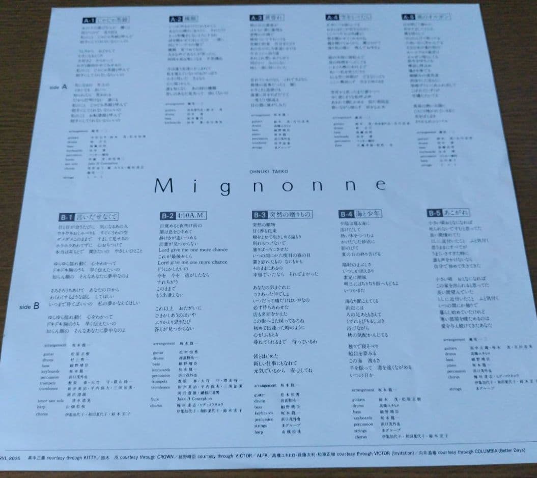 大貫妙子「ミニヨン」オリジナルLP、帯付き【状態良好】