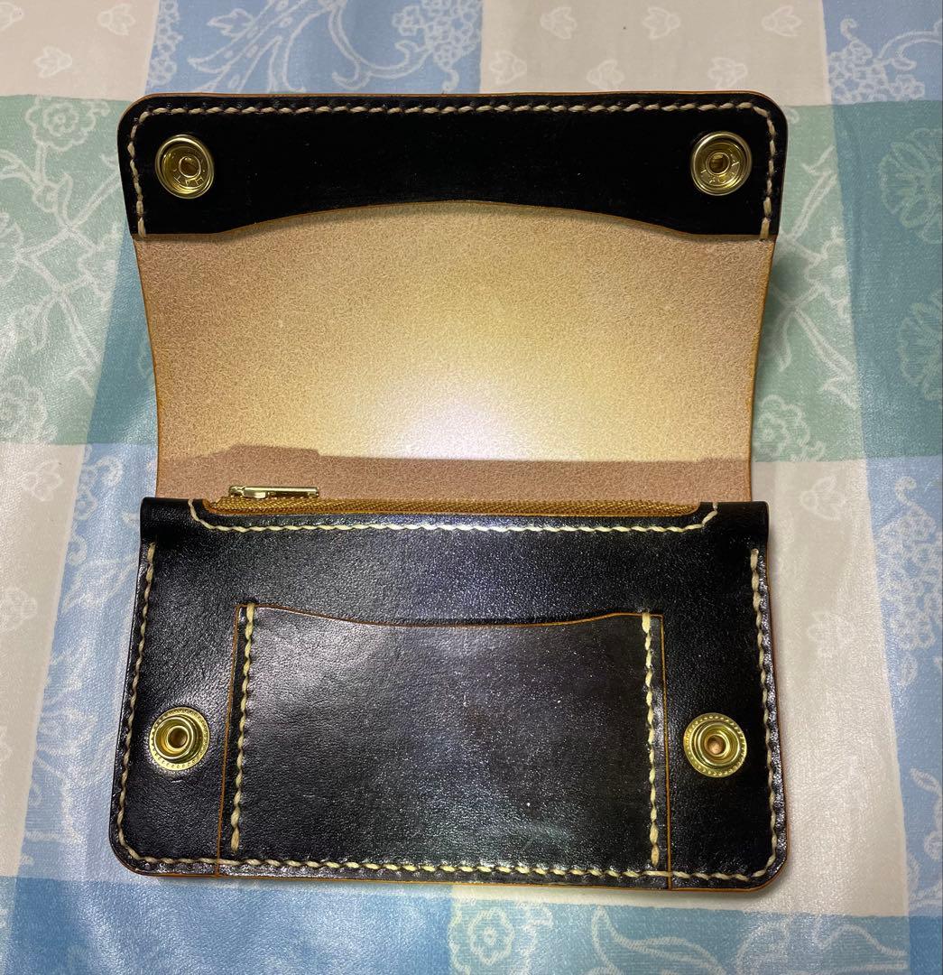 トラッカーウォレット　ミドルサイズ　ハンドメイド　黒　ブラック　本革　ヌメ革