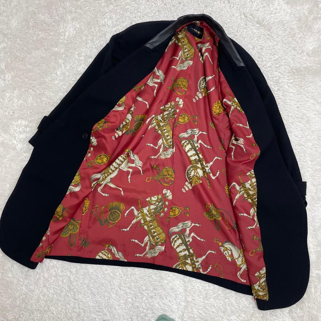 美品　激レア★チェスターコート　馬柄　総柄　総裏　ウールコート　黒　フリーサイズ