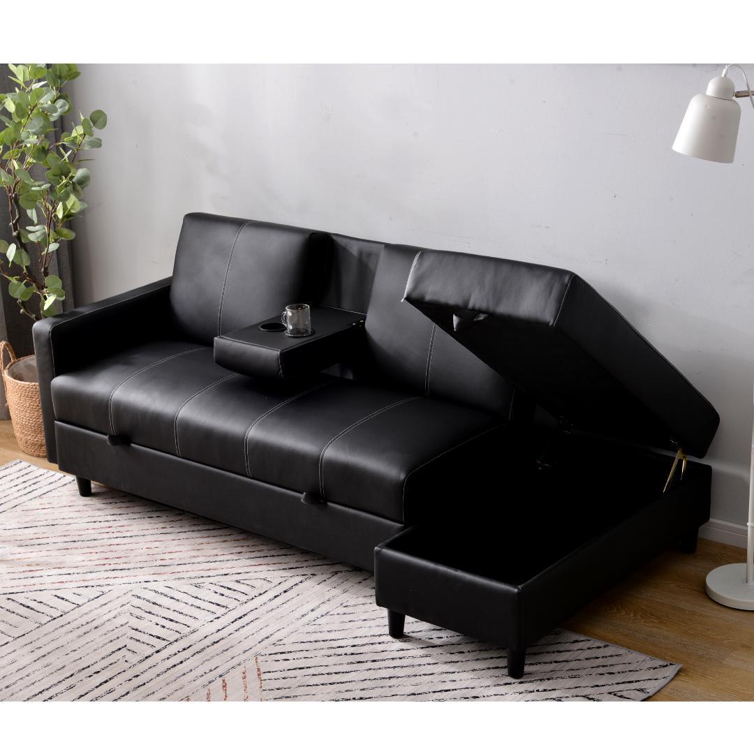 ソファー 3人掛け ソファ 多機能ソファベッド 収納機能 引き出し 【ブラック】