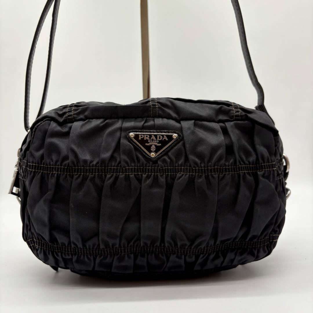 PRADA プラダ ギャザー ナイロン カメラ ショルダーバッグ 三角プレート