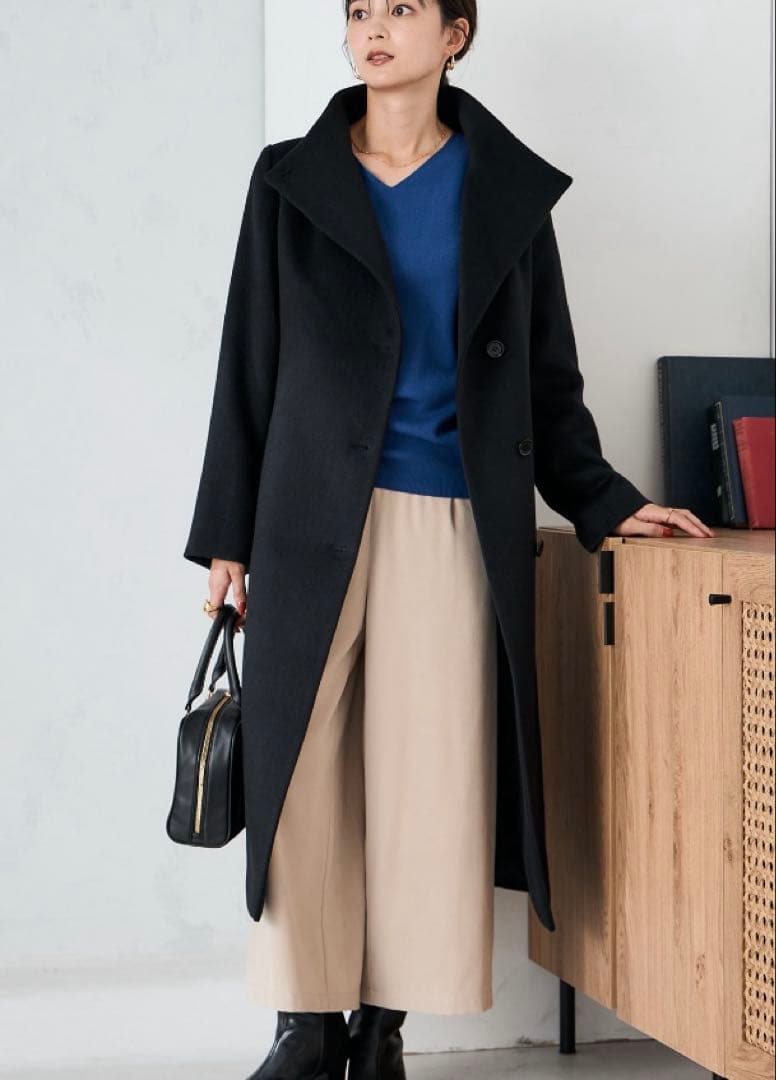 a.v.v 2way折り返しラペルグロングコートカシミヤ混 ブラック XL