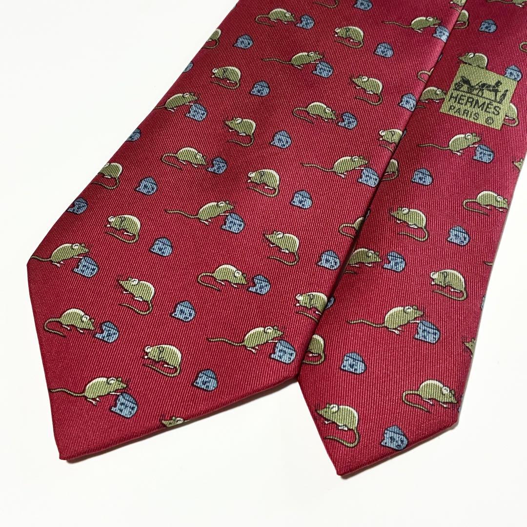 3811✨極美品✨エルメス ネクタイ 総柄 ネズミ 動物 チーズ