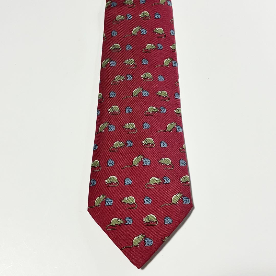 3811✨極美品✨エルメス ネクタイ 総柄 ネズミ 動物 チーズ