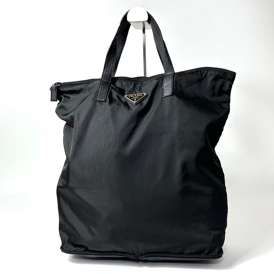 美品 PRADA ナイロン レザー 折りたたみバッグ 黒