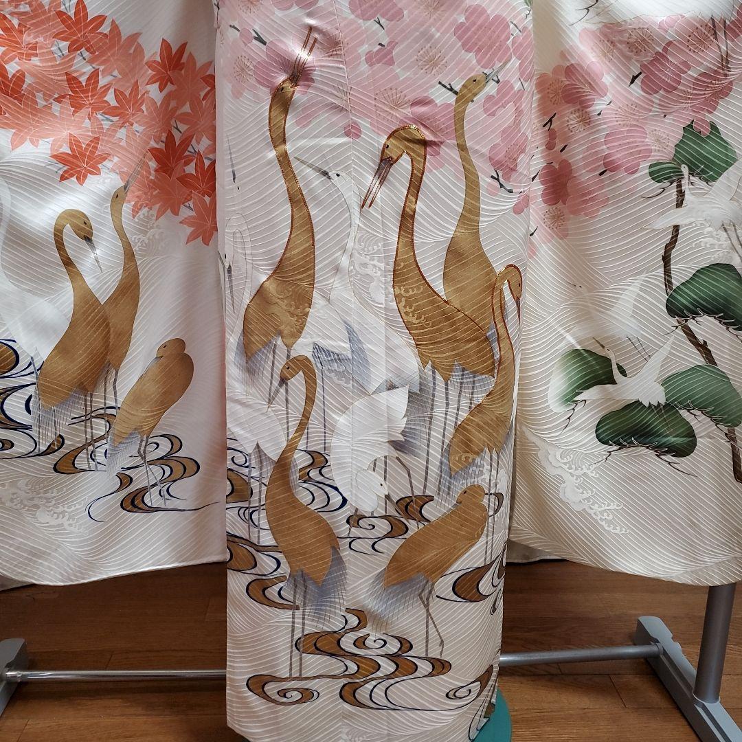 パンダ子様占用　振袖と長襦袢のみ(67)　　正絹　生成り色　鶴　松　梅　紅葉