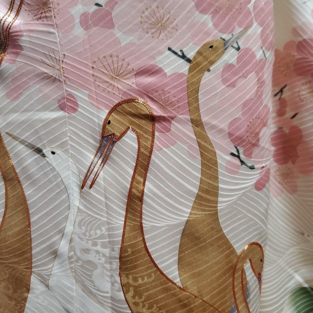 パンダ子様占用　振袖と長襦袢のみ(67)　　正絹　生成り色　鶴　松　梅　紅葉