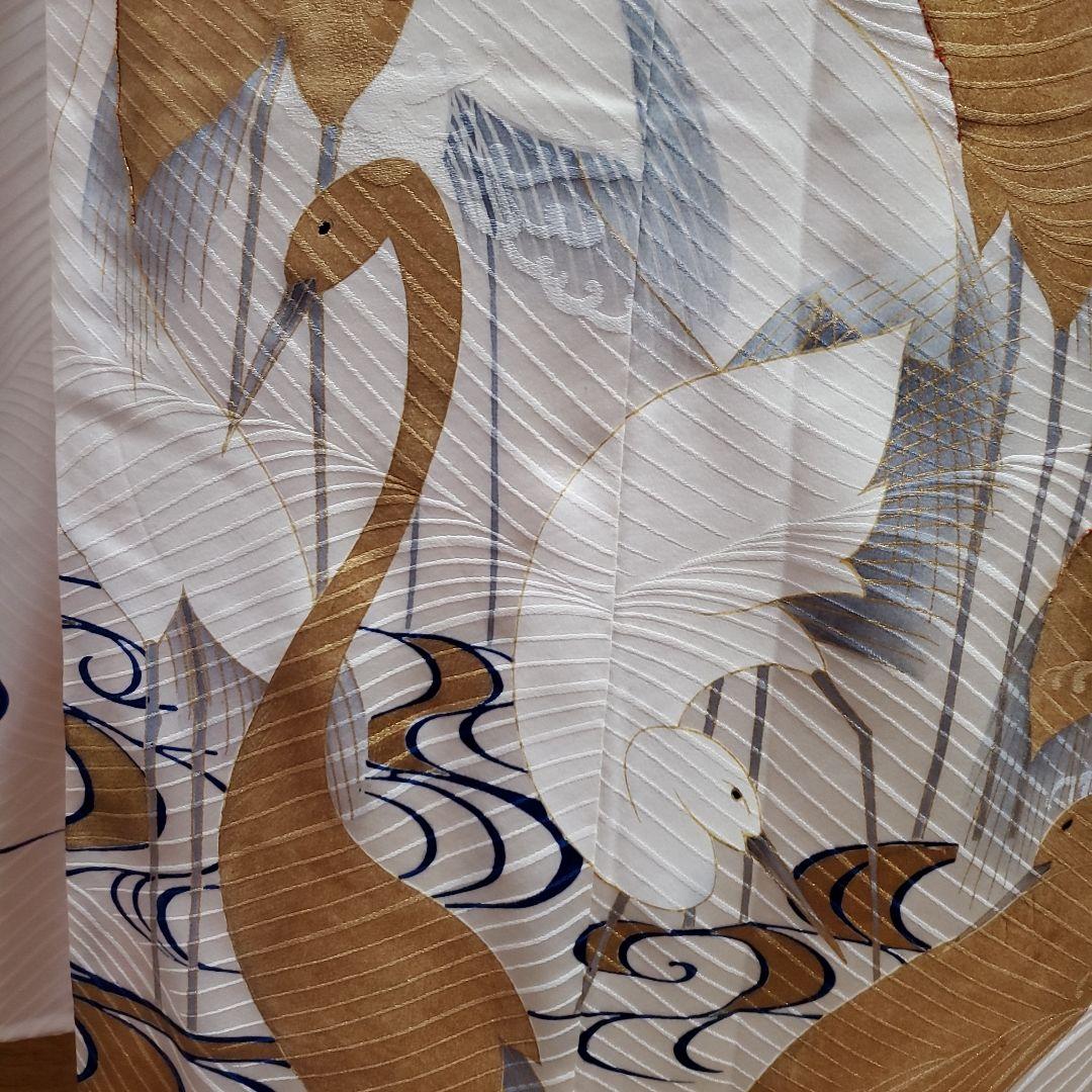 パンダ子様占用　振袖と長襦袢のみ(67)　　正絹　生成り色　鶴　松　梅　紅葉