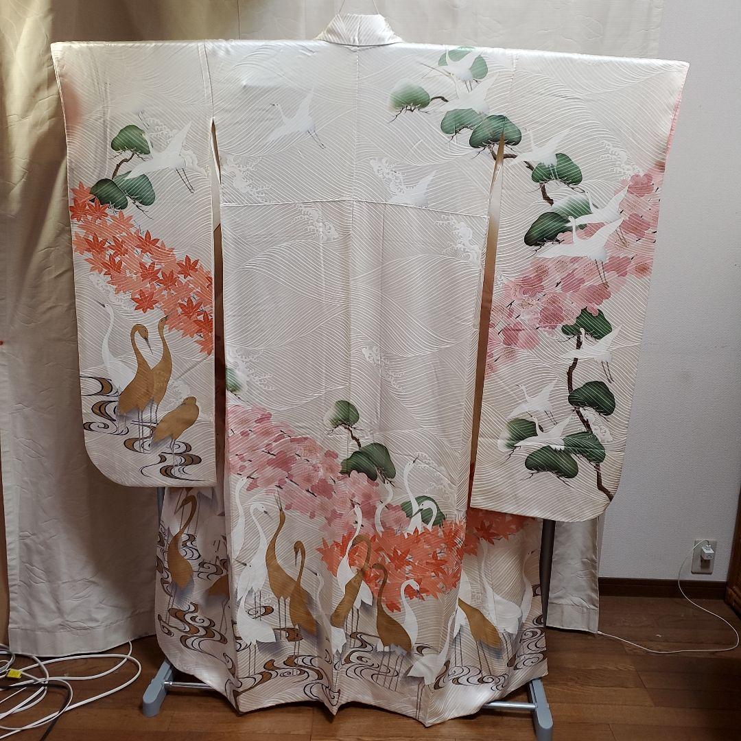 パンダ子様占用　振袖と長襦袢のみ(67)　　正絹　生成り色　鶴　松　梅　紅葉