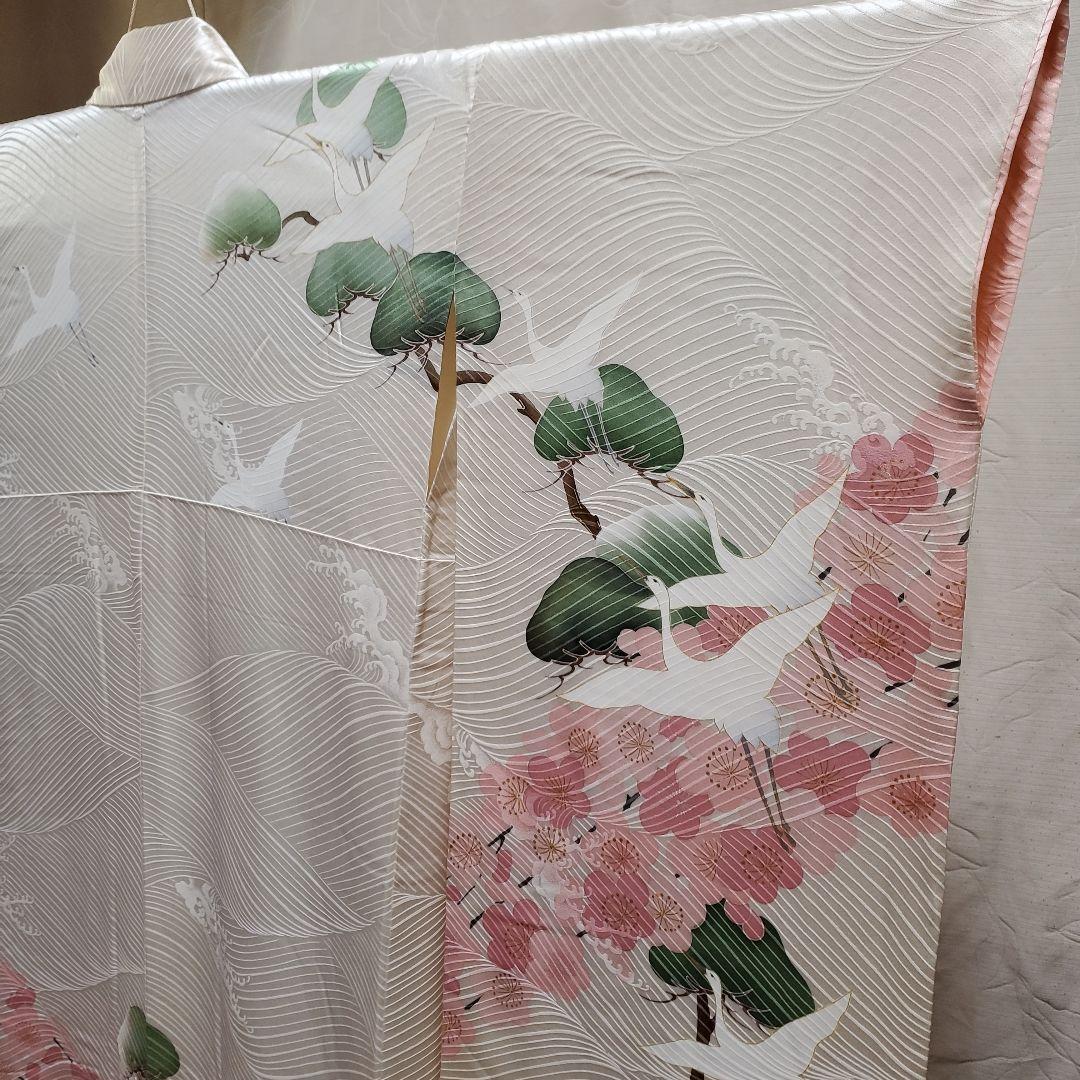 パンダ子様占用　振袖と長襦袢のみ(67)　　正絹　生成り色　鶴　松　梅　紅葉