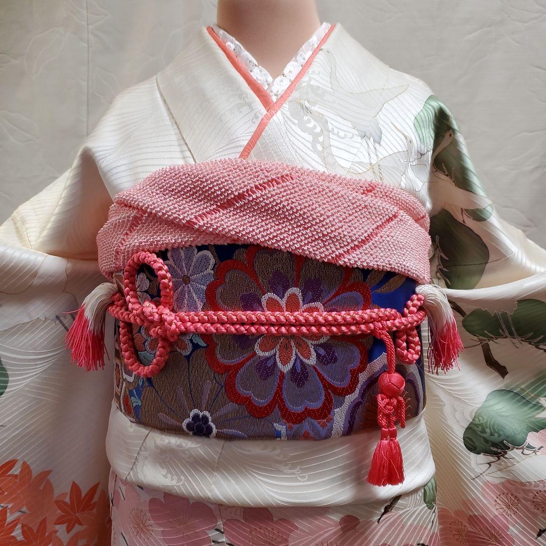 パンダ子様占用　振袖と長襦袢のみ(67)　　正絹　生成り色　鶴　松　梅　紅葉