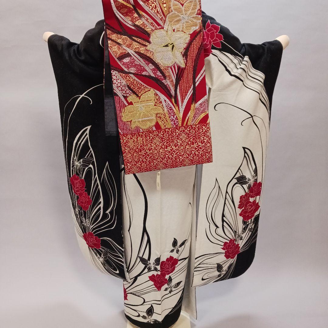 赤白黒　ラメ振袖　フルセット