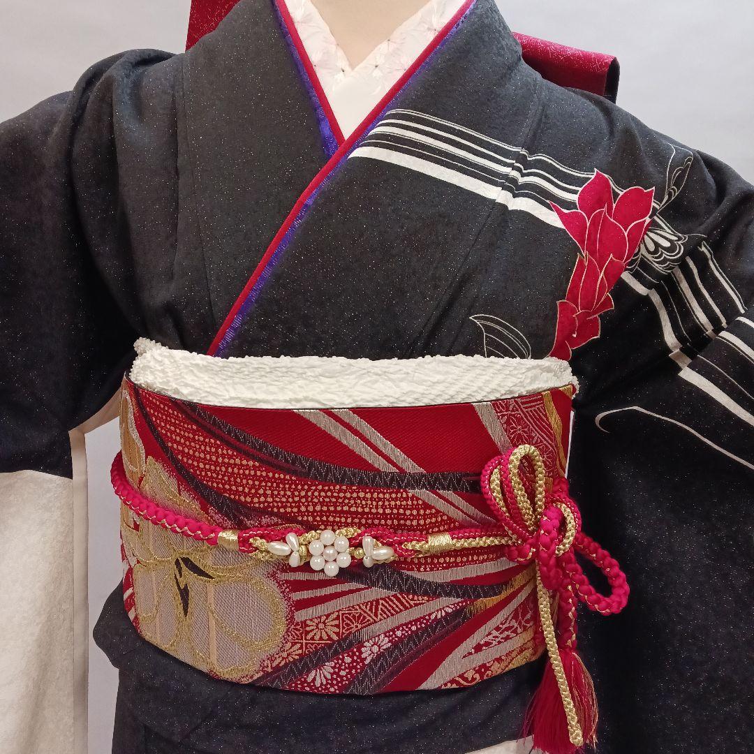 赤白黒　ラメ振袖　フルセット