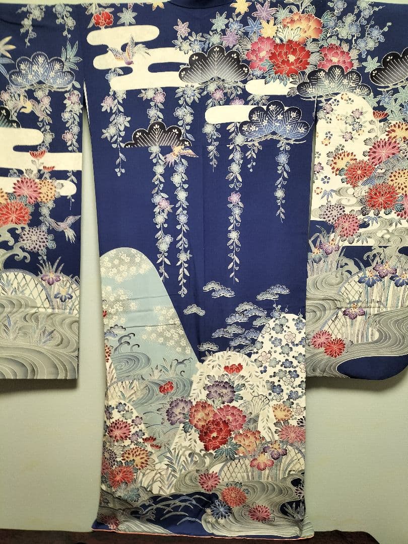 加賀友禅振袖　正絹　藍色　美品　縁起良い柄　成人式　長襦袢つき