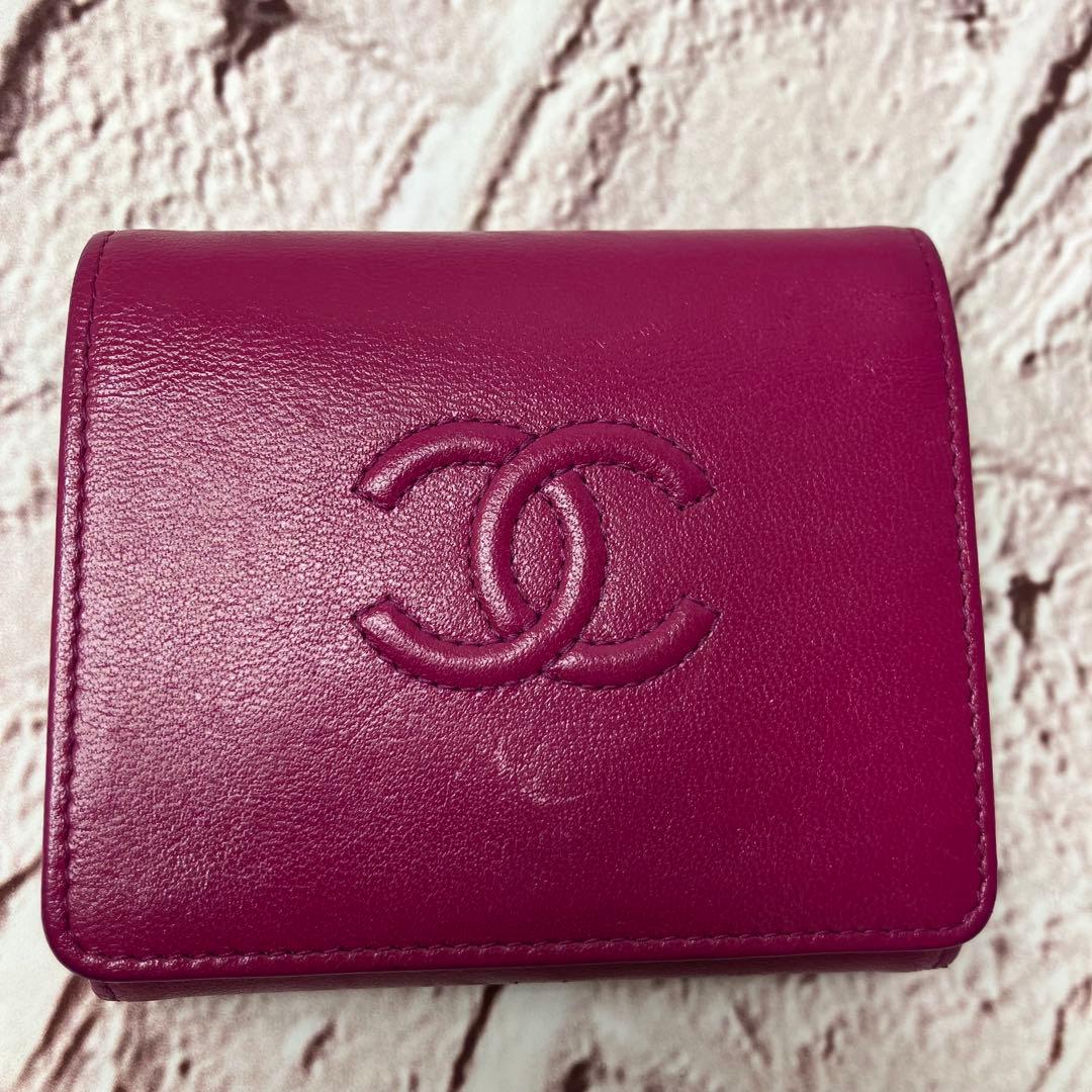 美品✨シャネル ココマーク 三つ折り財布 エンボス ステッチ レザー 正規品