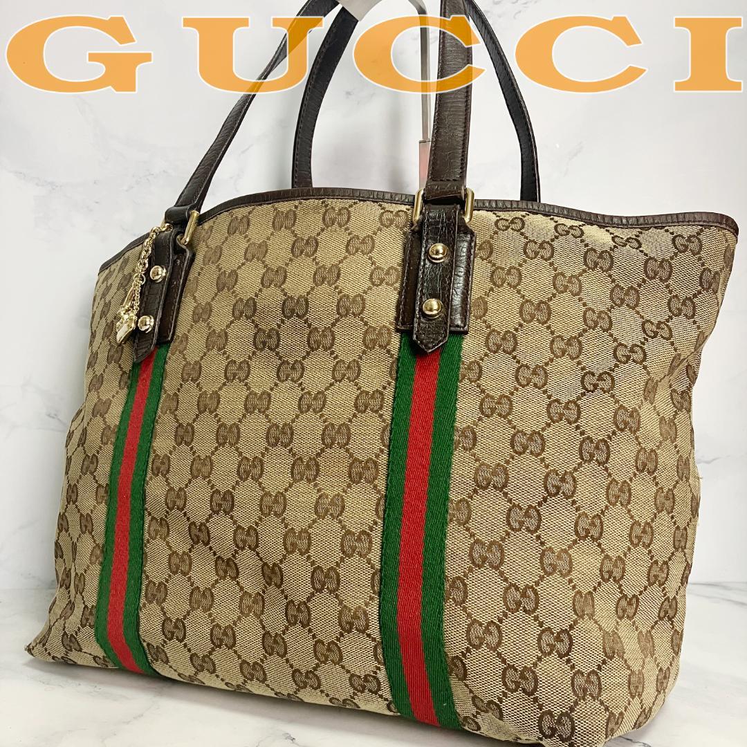 B923【人気】GUCCI★GG柄 シェリーライン トートバッグ チャーム付き