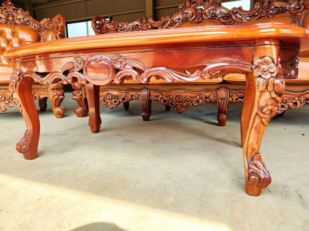 お話し中ですロココ調子アンティーク革製ソファテーブルセットヴィンテージ古道具