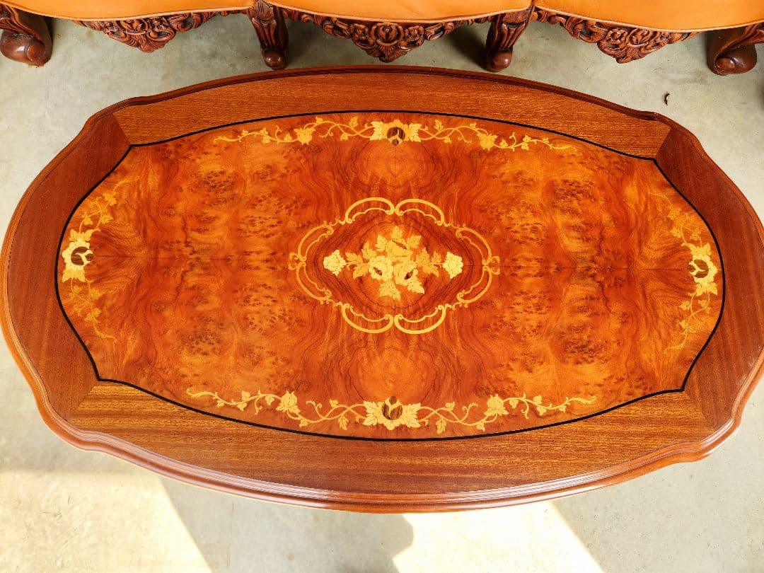 お話し中ですロココ調子アンティーク革製ソファテーブルセットヴィンテージ古道具