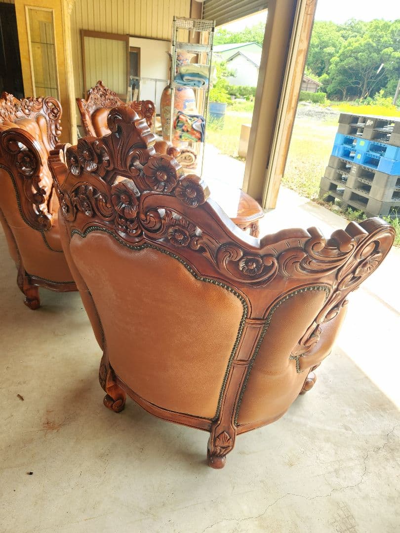 お話し中ですロココ調子アンティーク革製ソファテーブルセットヴィンテージ古道具