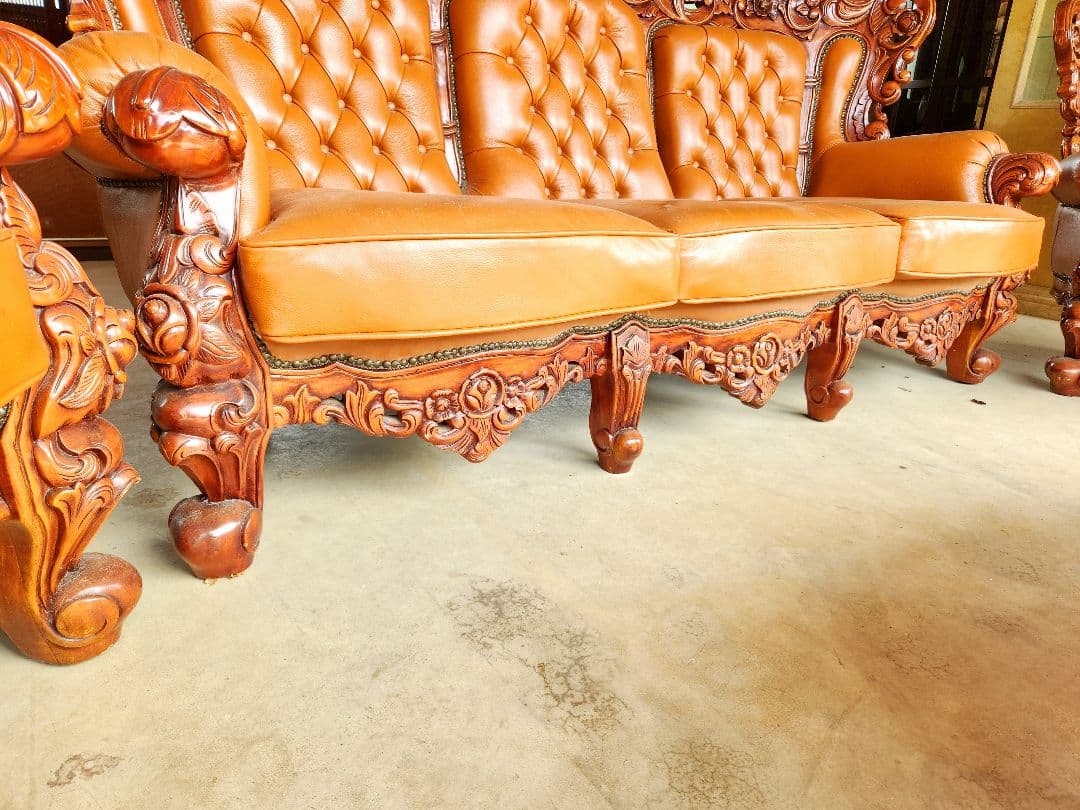 お話し中ですロココ調子アンティーク革製ソファテーブルセットヴィンテージ古道具