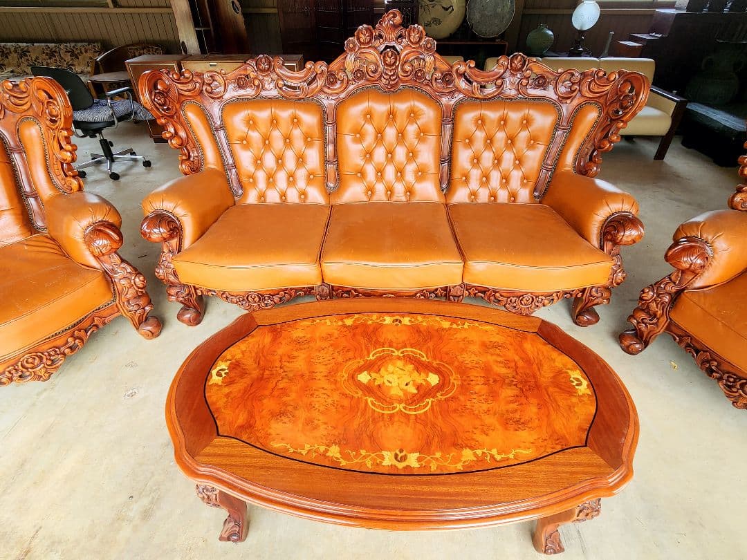 お話し中ですロココ調子アンティーク革製ソファテーブルセットヴィンテージ古道具