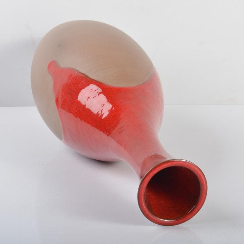 森山焼　赤焼　四代目　鈴木静邨作　紅彩鶴首花瓶　共箱　V　4186A