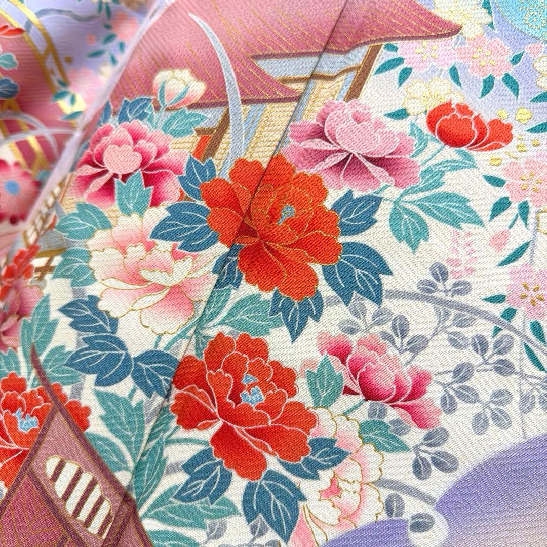 12 振袖フルセット 正絹 薄桃 ピンク 水色 金彩 暈し染め 華やか 小柄さん