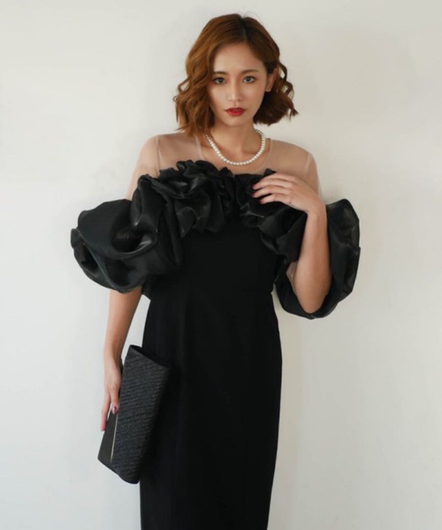 My shawtyブラックフリルオフショルダーパーティドレス