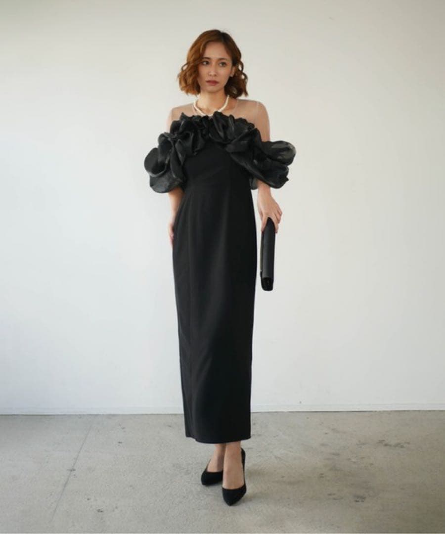 My shawtyブラックフリルオフショルダーパーティドレス