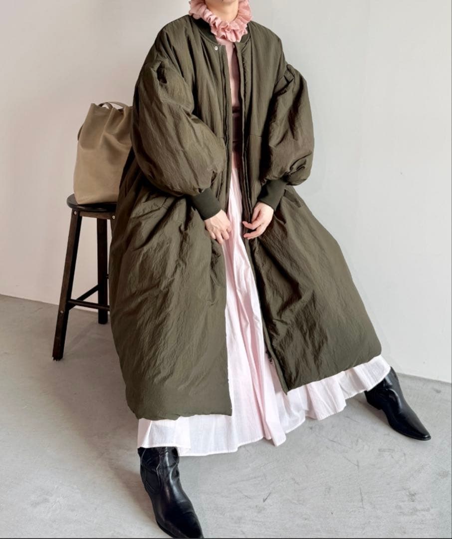 Libra Cue 中綿ロングコート オリーブ バルーン袖 防寒 フリー