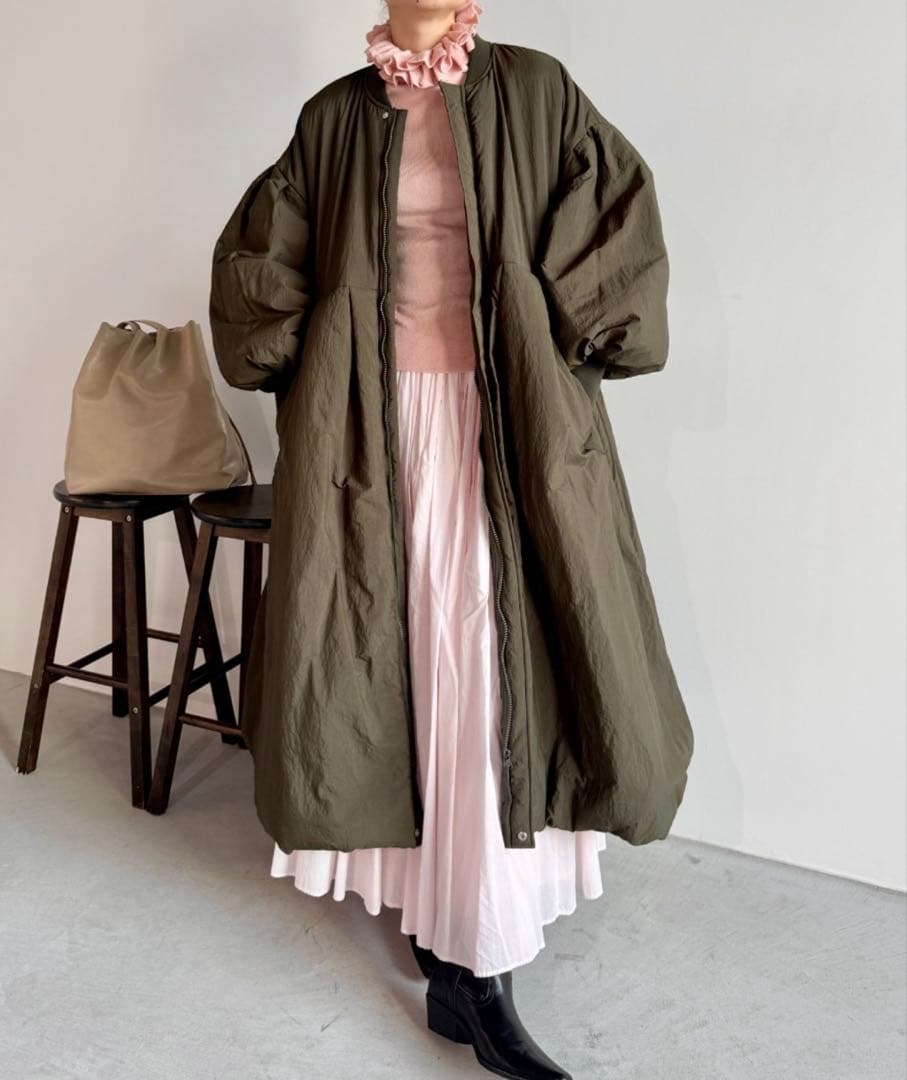 Libra Cue 中綿ロングコート オリーブ バルーン袖 防寒 フリー