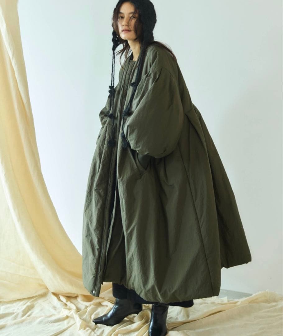 Libra Cue 中綿ロングコート オリーブ バルーン袖 防寒 フリー