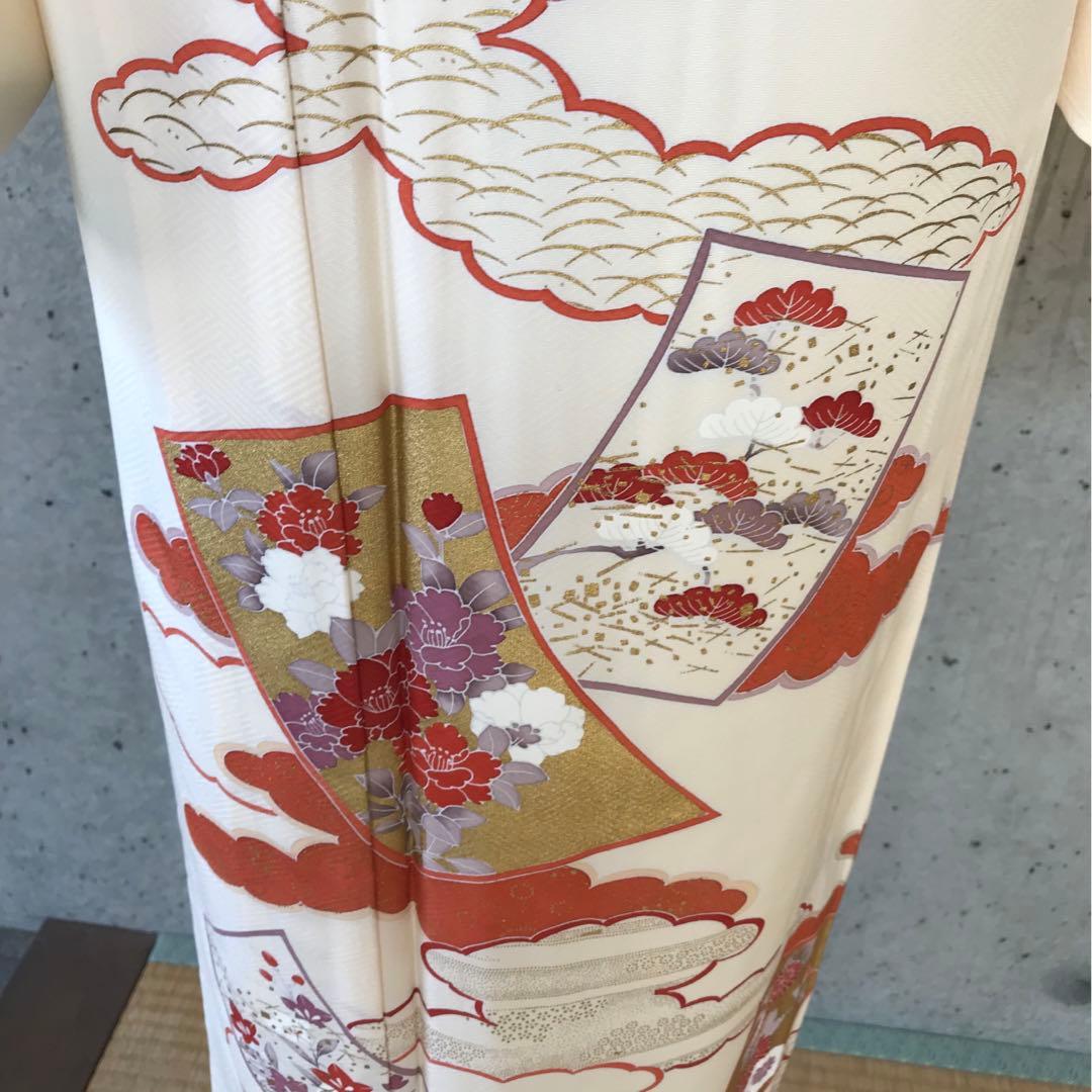 【単衣】正絹　訪問着　雲取りに花柄　金箔　居敷当て無し　小さめサイズ