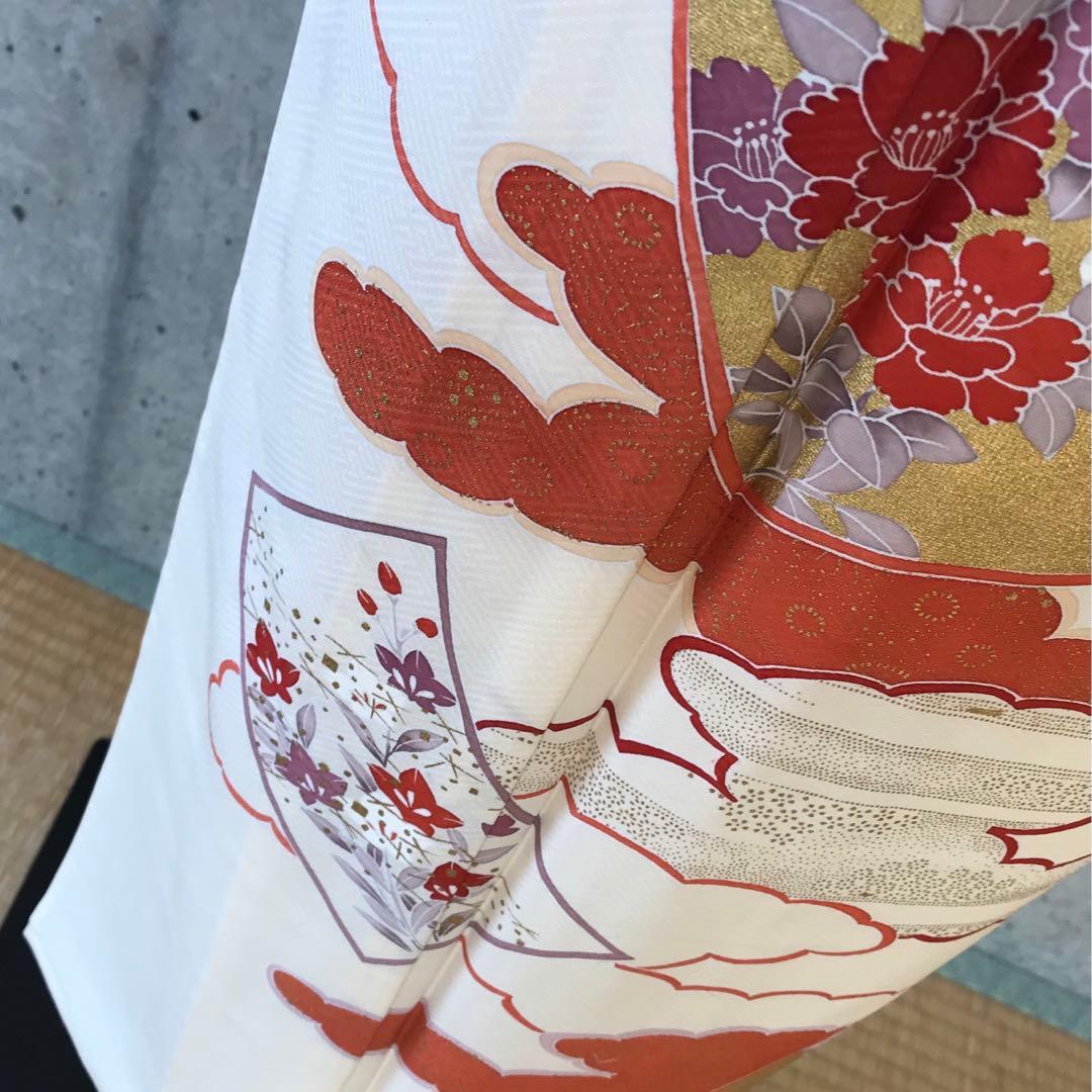 【単衣】正絹　訪問着　雲取りに花柄　金箔　居敷当て無し　小さめサイズ