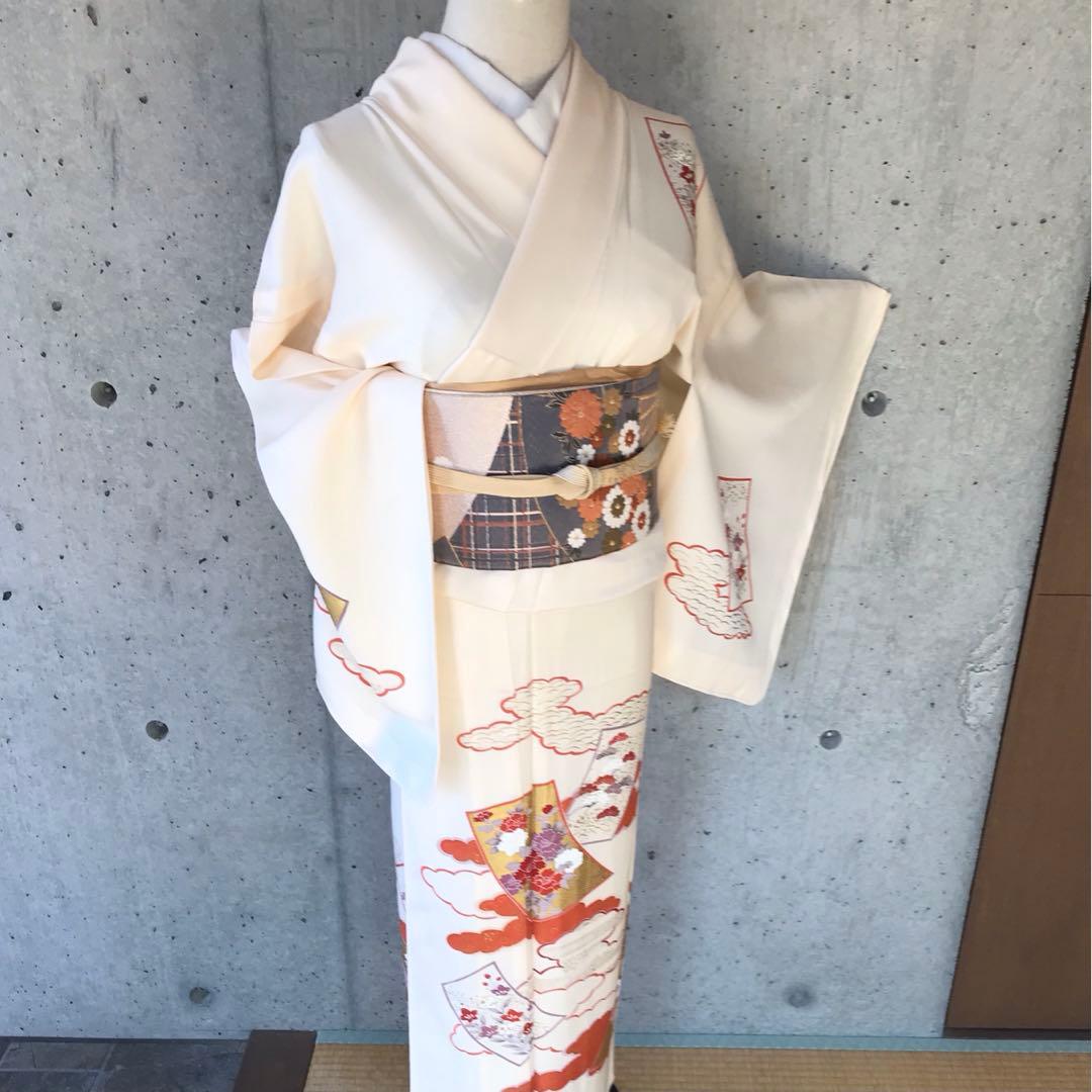 【単衣】正絹　訪問着　雲取りに花柄　金箔　居敷当て無し　小さめサイズ