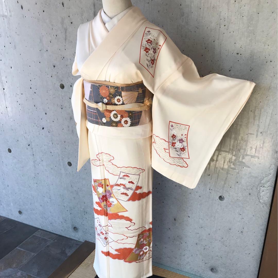 【単衣】正絹　訪問着　雲取りに花柄　金箔　居敷当て無し　小さめサイズ