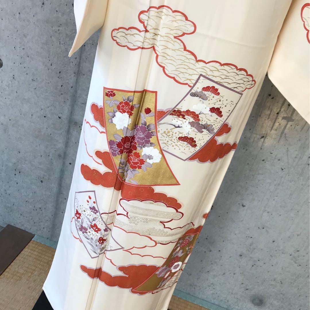 【単衣】正絹　訪問着　雲取りに花柄　金箔　居敷当て無し　小さめサイズ