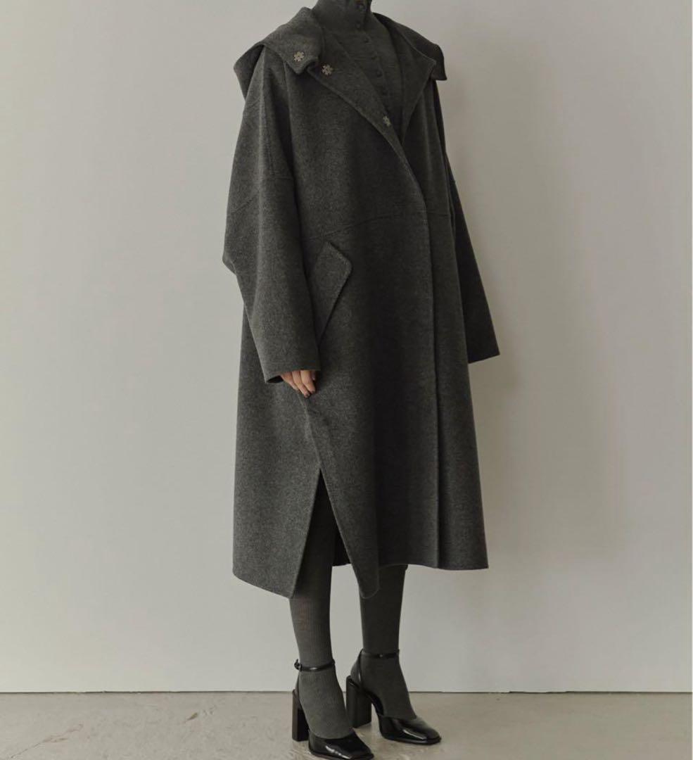 25AW♡【ルシェルブルー】フード付き ダブルフェイスロングコート グレー 36
