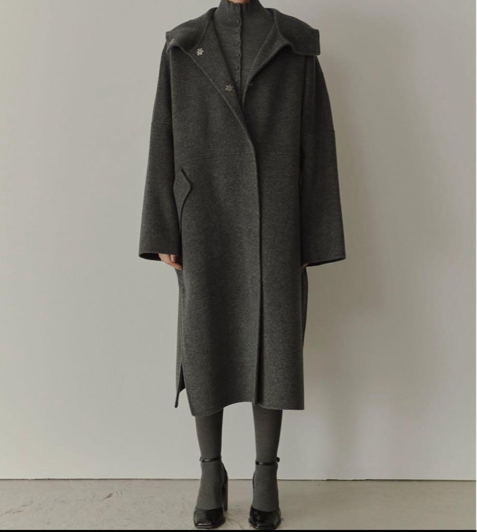 25AW♡【ルシェルブルー】フード付き ダブルフェイスロングコート グレー 36