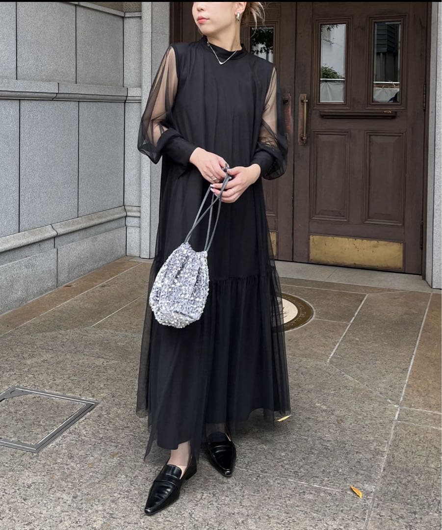 オケージョンドレス　チュールハイネックワンピース