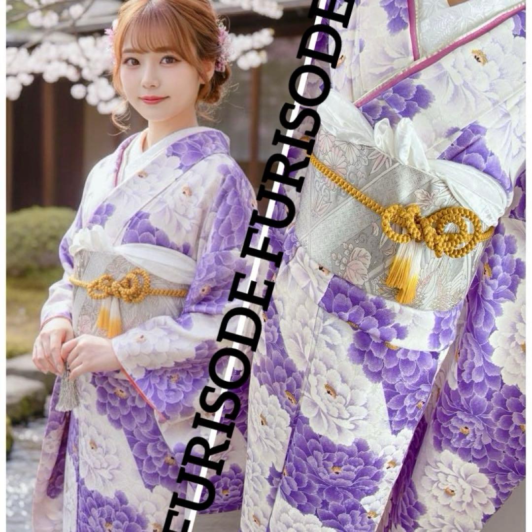 正絹振袖フルセット　牡丹　紫　淡い色　大輪花柄　成人式