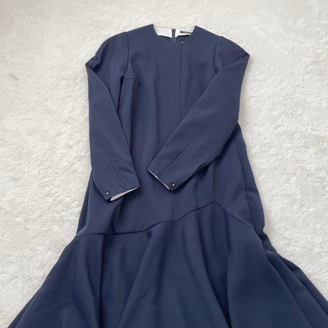 ヴェルメイユパーイエナ　梳毛風　ボリュームペプラム　ワンピース　ネイビー　38