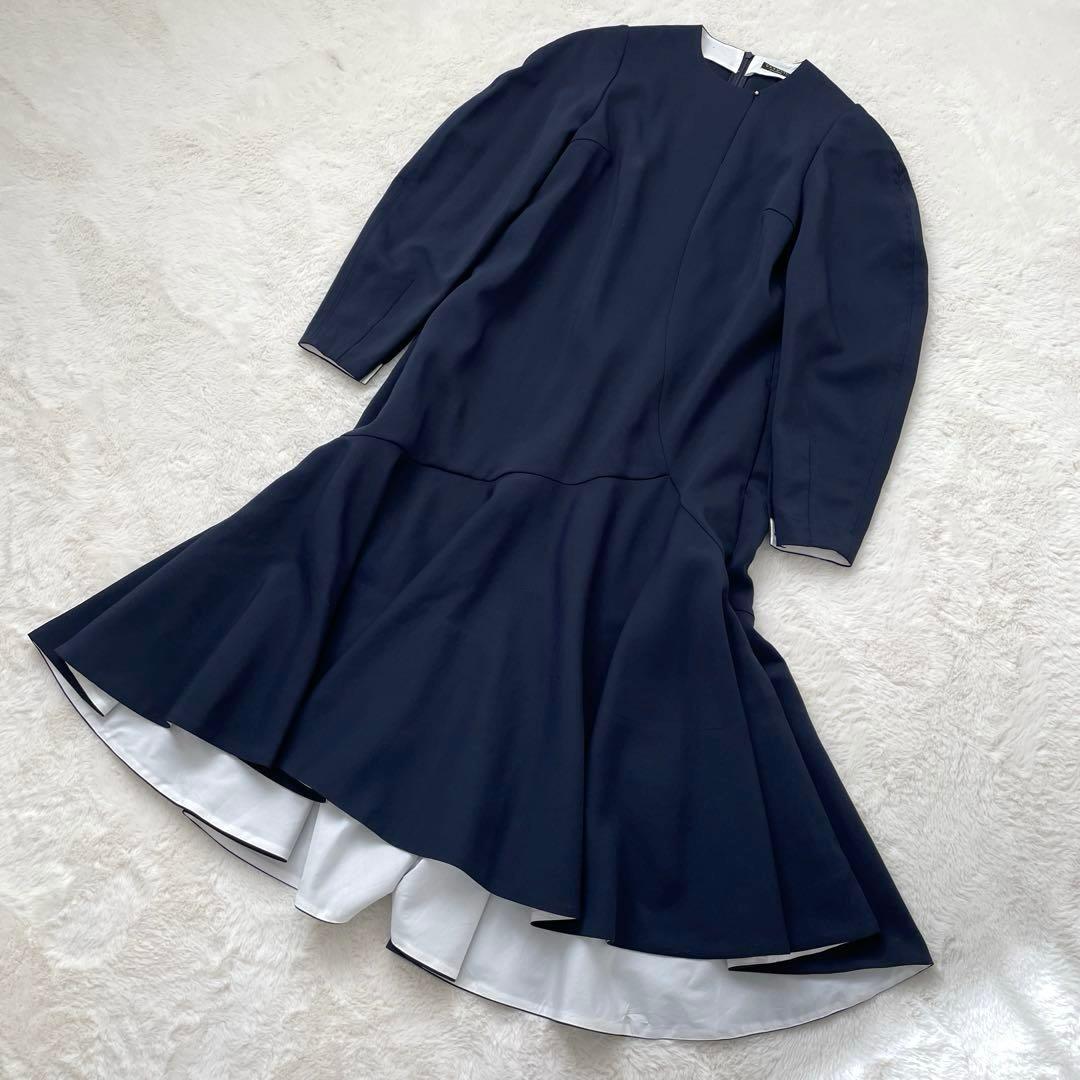 ヴェルメイユパーイエナ　梳毛風　ボリュームペプラム　ワンピース　ネイビー　38