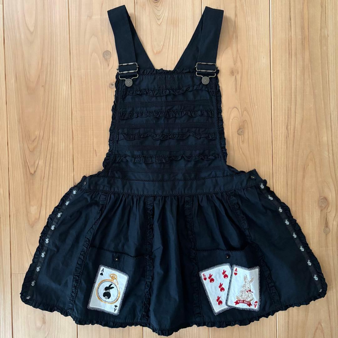 ★レア★ピンクハウス サロペットエプロン 黒 アリス ウサギ トランプ　タブリエ