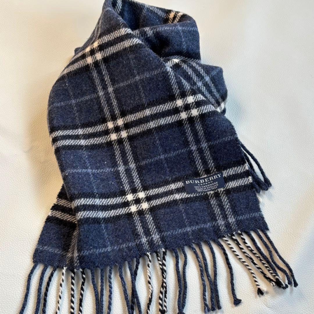 【極美品】バーバリーロンドン カシミヤ100% マフラー ネイビー ノバチェック