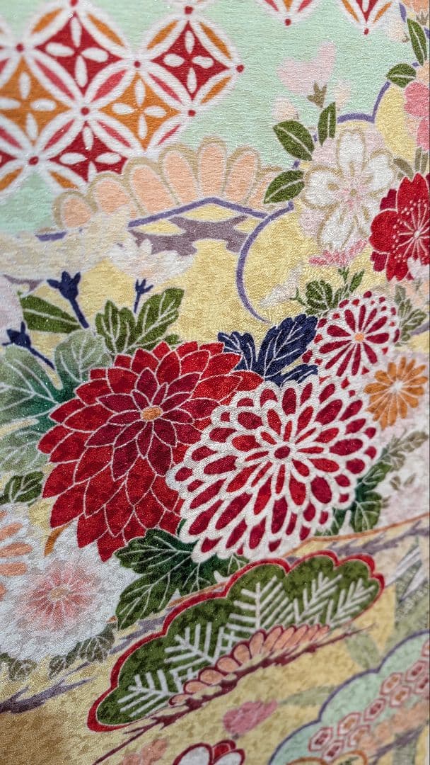 【美品】振袖 花柄 黄色•古典柄 Lサイズ