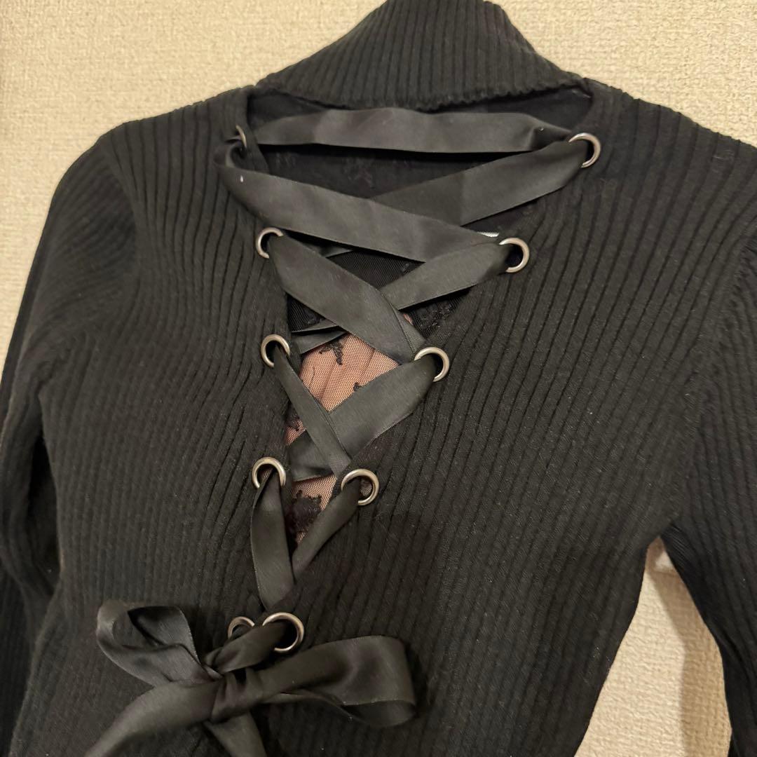 タイムセール中 新品未使用 ブラック 長袖ニットワンピース 背中 リボン